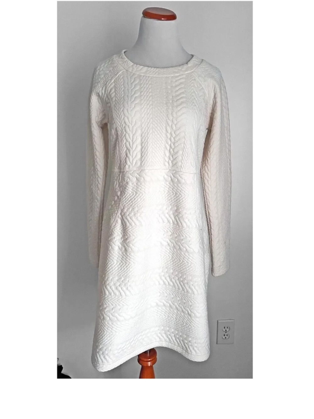 Prana Macee Long Sleeve Cream Off White Textured Jacquard Knit Dress, Small
